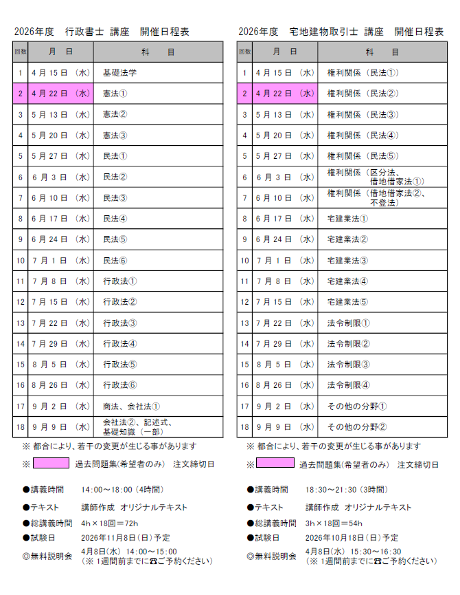 2026行政書士・宅建日程表